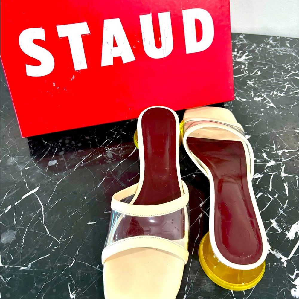 Staud Simone clear mule with yellow 1” acrylic heel. Size 39.